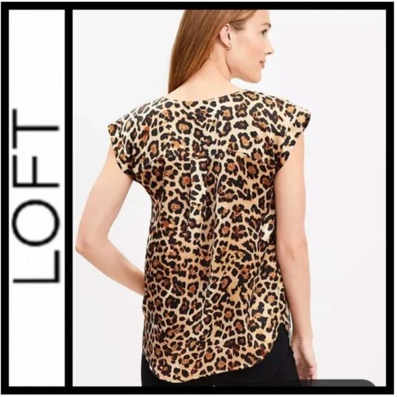 LOFT Silky Leopard Animal Print Career Blouse Women's Small Brown Classic Boho - Picture 2 of 8